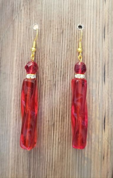 Dramatic Red Glass Earrings with Rhinestone Spacers