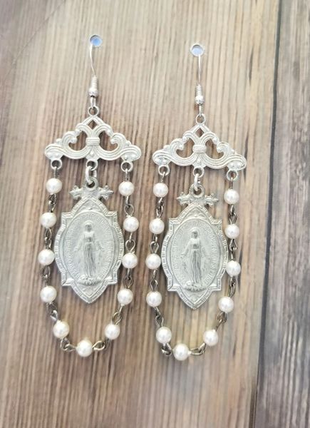 Gorgeous Religious Medal Earrings with Rosay Chain Accents