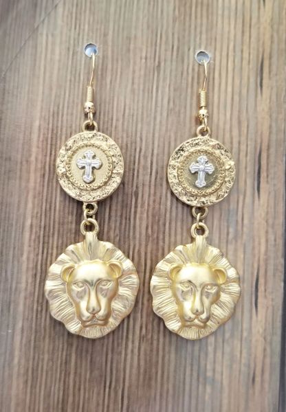 Muted Gold Lion Earrings with Cross Connectors