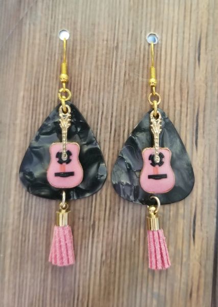 Black Guitar Pinks with Pink Guitar Charms & Tassels