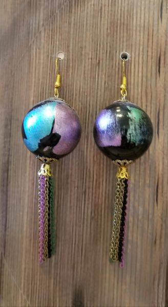 Colorful Ball Earrings in Black, Blue & Purple with Matching Tassels