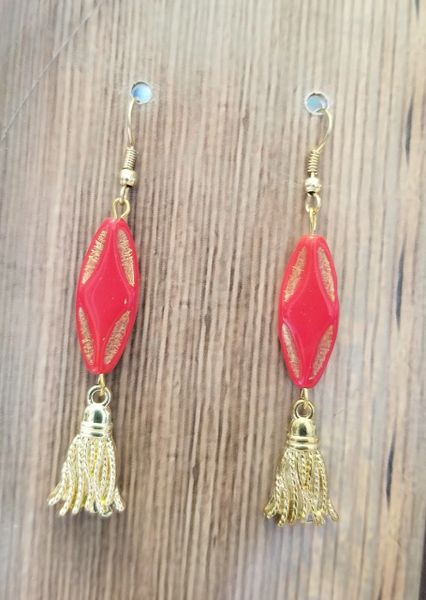 Pretty Red Czech Glass Diamonds with Golden Accents