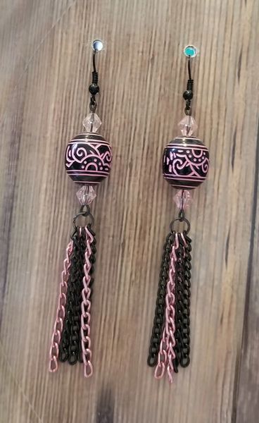 Black & Pink Etched Beads with Matching Tassels
