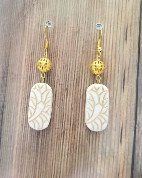 Pretty White & Gold Czech Glass Drop Earrings