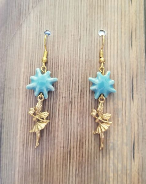 Golden Tinkerbell Fairy Charms with Blue Ceramic Stars