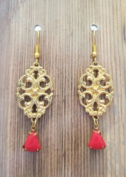 Fancy Gold Filigree with Red Glass Drops