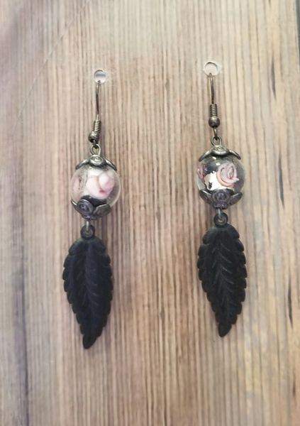 Black Leaf Dangles with Black & Pink Glass Beads