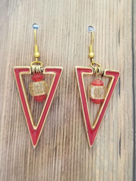 Salvaged Red Enamel Triangles Earrings