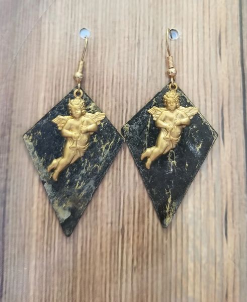 Salvaged Black & Gold Metal Drops with Cupid Charms
