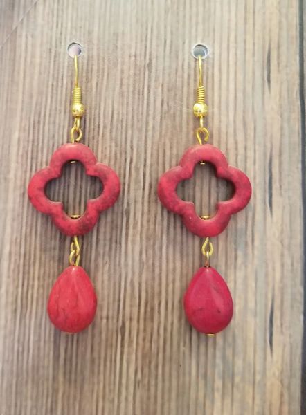 Red Howlite Dangle Earrings with Gold Hooks