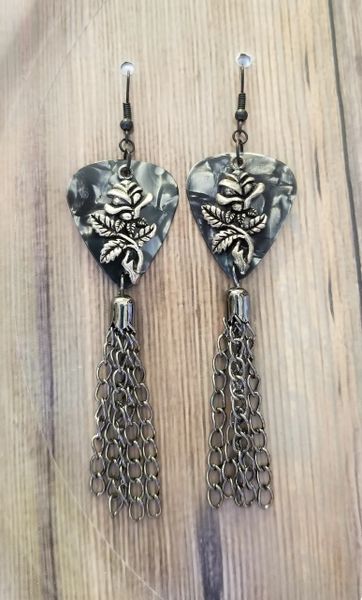 Black & Gray Guitar Picks with Silver Roses & Tassels