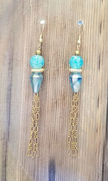 Pretty Acqua Blue Crystal Beads with Gold Tassels