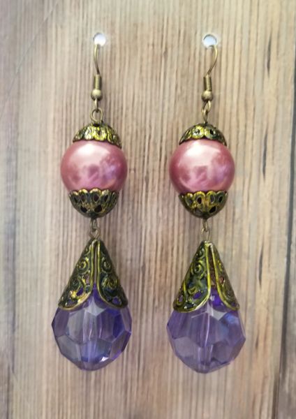 Salvaged Purple Beads with Green Painted Bead Caps
