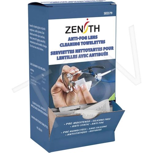 SEE379 Lens Cleaner Towelettes for Safety Glassess Anti-Fog Anti-Static Dimensions: 5" x 8" 100/PKG Zenith