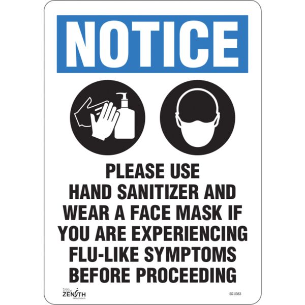 SGU363 "Please Use Hand Sanitizer Face Mask ... experiencing flu-like " Sign 14"H x 10"W Vinyl 4 mil ADHESIVE ZENITH Distancing