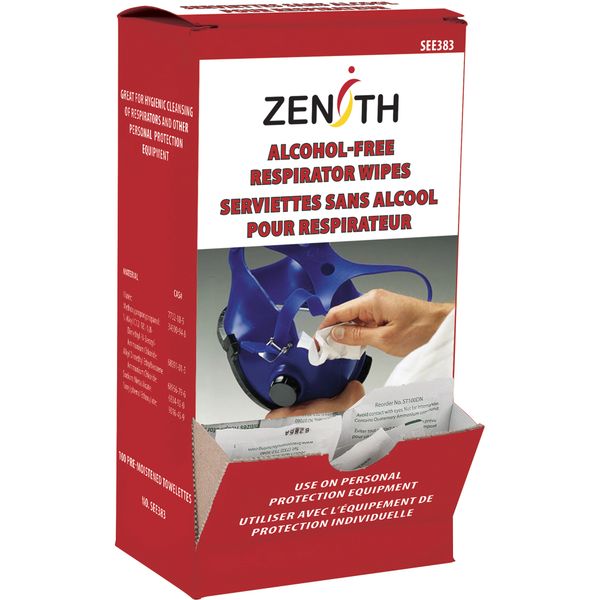SEE383 Respirators & PPE Cleaning Wipes Alcohol-free Individually packaged 8"L X5"W ZENITH 100/BX (for those Sensitive to Alcohol Drying)