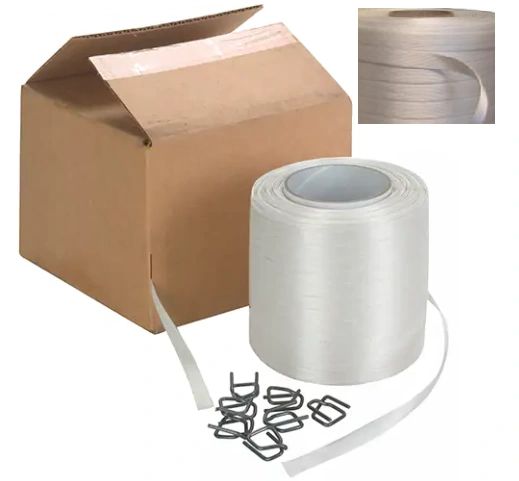 PB027 Strapping, Polyester, BONDED 1/2" Width X 750' X 600LB Self-Dispensing Coil 100 WIRE BUCKLES #40B-HP CORDEX WHITE