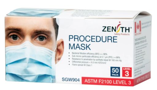 SGW904 MASK, Face - Disposable Metal Insert Nose Procedure 3 Layer Breathable Fabric Class 1 ASTM F2100 Level 3 Latex-free ZENITH SAFETY 50/BX