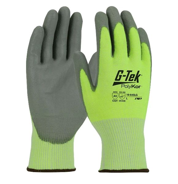 SGW509 Gloves, Cut Resistant G-Tek® PolyKor® 13 Gauge, Polyurethane Coated Shell, HI-VIZ Yellow Series #16645LG ASTM ANSI Level A5/EN 388 Level E (SM-2XL) PIP