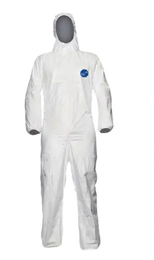 SGH412 Coveralls, Hooded WHITE, Tyvek® 500 Category III, Type 5-B & 6-B Chemical Resistance Auto-lock Zipper Storm Flap #TY198S Series DUPONT (SML-4XLAR)