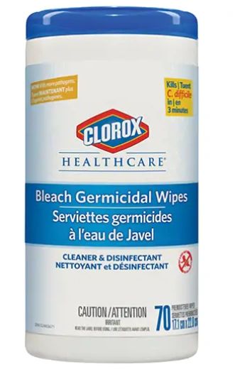 JO247 (JO330) Healthcare® Disinfecting Bleach Wipes, 9"x 6.75", 70Wipes/Cannister #01308 CLOROX