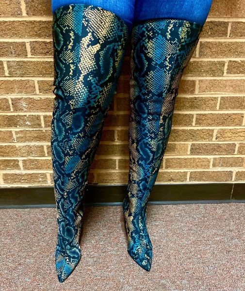 Blue snakeskin thigh store high boots