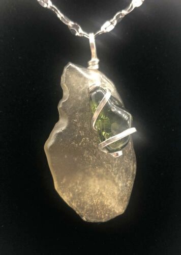 Hand Crafted Tumbled Moldavite A Libyan Desert Glass Crystal Combo Pendant