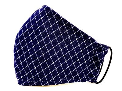 Navy and white face mask. 100% cotton, 2 inner layers (w/pocket 4 filter), reusable.