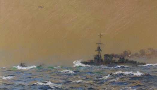 Painting of warships sailing on choppy seas under a muted sky.