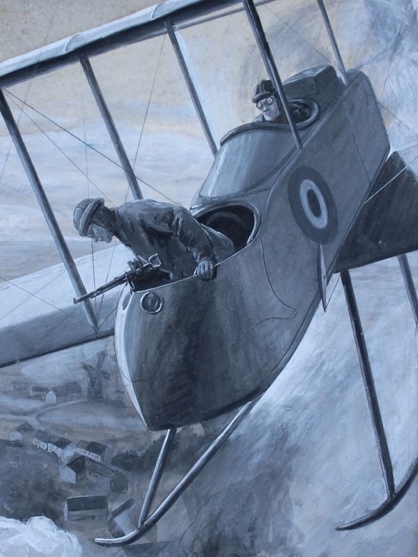 Black and white painting of a WWI biplane with two crew members, one holding a machine gun.