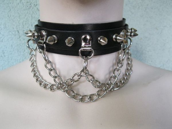 Leather Spike and Chain Choker 14CCH