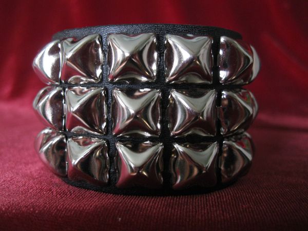 Black Leather Belt - 3 Row Nickel Pyramid Studs & Chains