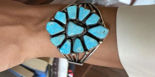 Bright blue turquoise flower design cuff or bracelet native american artist