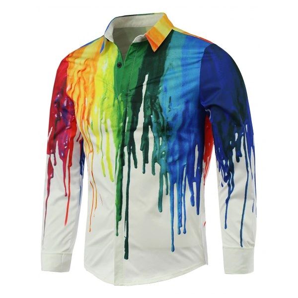 Colorful Paint Dripping Print Covered Button Front Long Sleeve Shirt