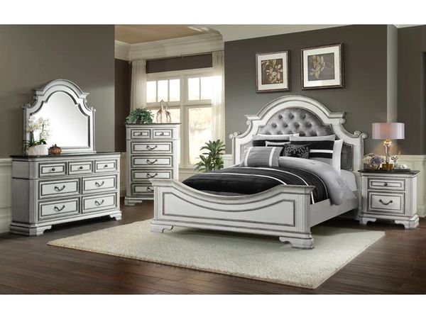 Leighton Manor Antique White King Bedroom Set Bed Dresser Mirror Nightstand