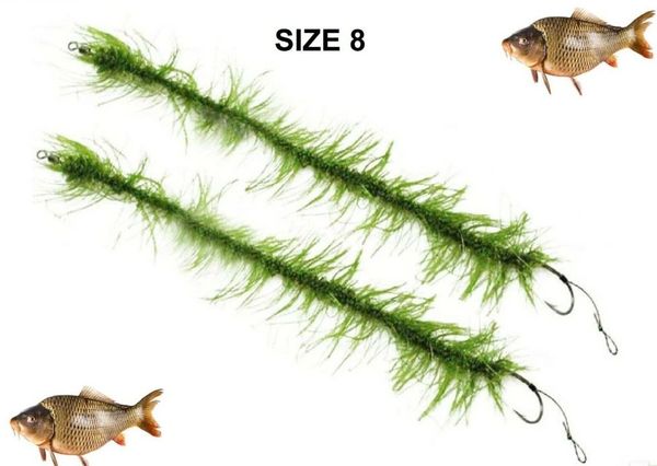 Size 8 Carp Coarse Fishing Hair Rigs x2 With Camo Weed Effect 20lb Braid Line UK