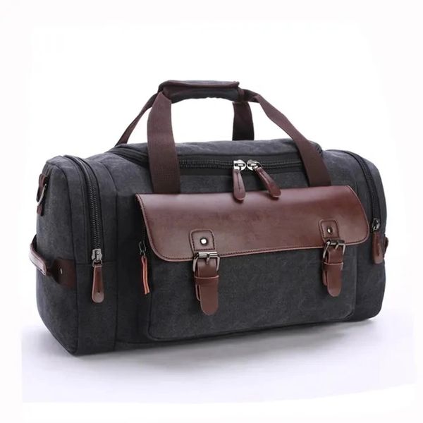 LC Canvas with Leather Sport Gym Travel Weekend Duffle Bag - Black