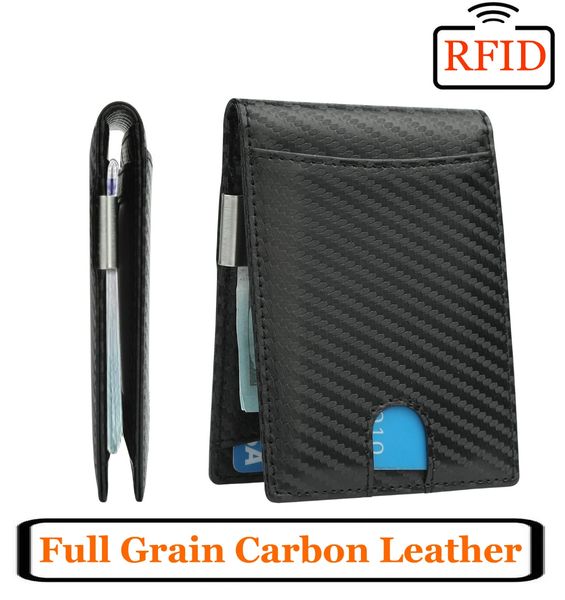 LC Bifold Minimalist Slim RFID Full Grain Carbon Leather Wallet with Money Clip - Black