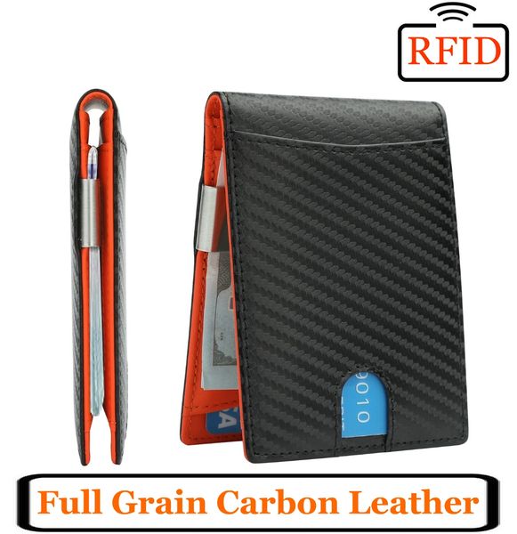 LC RFID Blocking Full Grain Carbon Leather Bifold 10 Credit Card Slot Sleek Design Minimalist Money Clip Wallet - Black/Orange