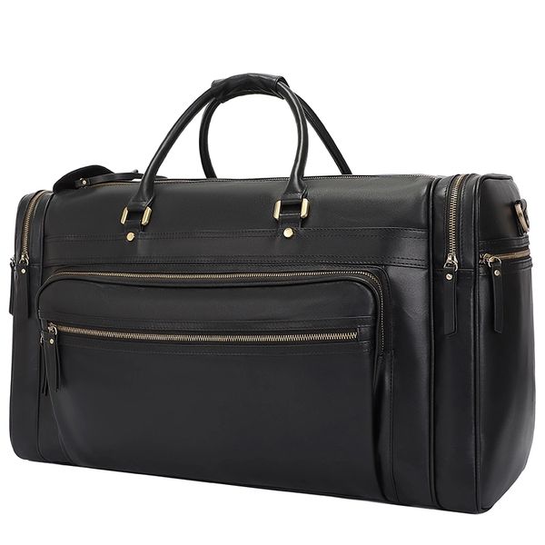 LC Genuine Leather Large Capacity Business Weekender Travel Duffel Bag - Black