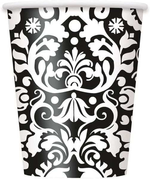 BOGO SALE - Black Damask Paper Cups, 9oz - 8ct