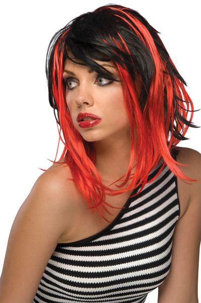 *Two Tone Black Costume Wig, Red Streaked Hair, Women's - After Halloween Sale