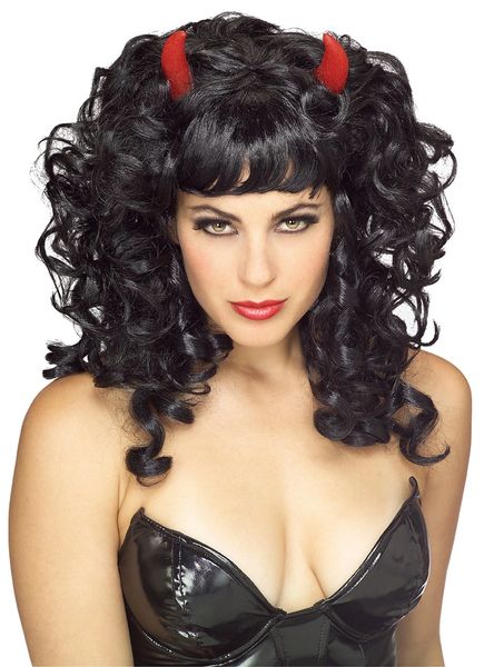 *Black Curly Wig with Red Devil Horns, Women's - Halloween Sale