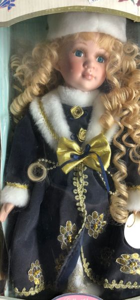 DOLL SALE - Rare Vintage Porcelain Doll, Blonde Long Curly Hair Girl, 16in - By Kingsgate