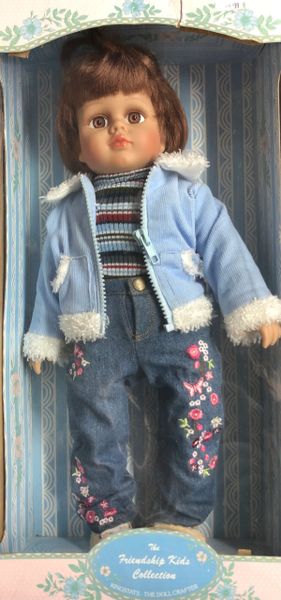 Rare Vintage Short Brown Hair Girl Doll, Jacket and Blue Jeans, 18in - By Kingsgate - Discontinued - Prefect for doll collector
