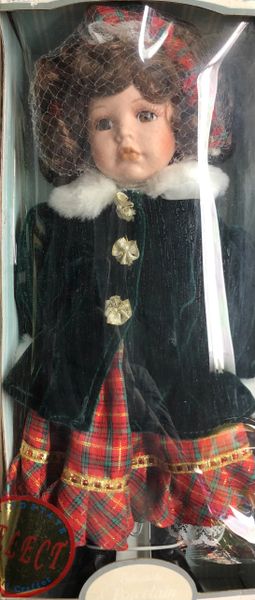 DOLL SALE - Rare Vintage Porcelain Brown Hair Girl Christmas Doll, 12in, By Kingsgate - Holiday Sale