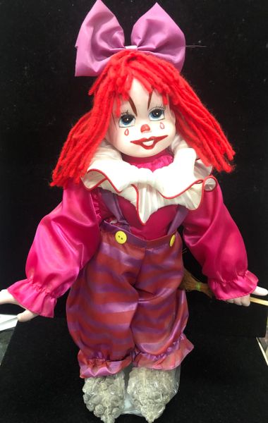 DOLL SALE - Rare Vintage Porcelain Clown Girl Doll, Red Yarn Hair with Stand, 12in