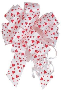 #40, Large Ribbon Pull Bow, 8in' Diameter with 20 Loops, White with Red Hearts