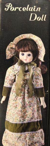 DOLL SALE - Rare Vintage Porcelain Doll, Straight Brown Hair, Bangs, Bonnet, Green Floral Dress, 18in