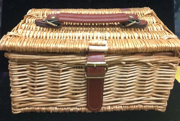 Rectangular Covered Wicker Storage Basket with Brown Leather Handle and Strap, 9.5in